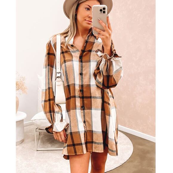 NWT  khaki pattern collared neck ruffled sleeve shirt dress - Picture 8 of 8